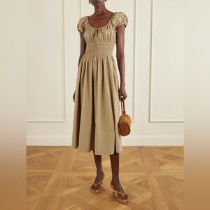 Quinn tie-detailed shirred cotton-poplin midi dress